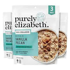 purely elizabeth. 24 Ounce (Pack of 1), Vanilla Pecan, Purely Elizabeth Collagen Oatmeal, Vanilla Pecan, Made with Organic Oats, Amaranth, Quinoa, and Chia Seeds, Gluten-Free, Non-GMO (3ct, 8oz Bags)