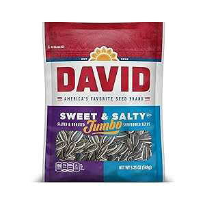 DAVID Roasted and Salted Sweet and Salty Jumbo Sunflower Seeds, Keto Friendly, 5.25 oz, 12 Pack DAVID Roasted and Salted Sweet and Salty Jumbo Sunflower Seeds, Keto Friendly, 5.25 oz, 12 Pack
