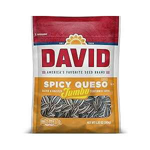 DAVID Seeds Spicy Queso Flavored Salted and Roasted Jumbo Sunflower Seeds, Keto Friendly Snack, 5.25 OZ Bags, 12 Pack