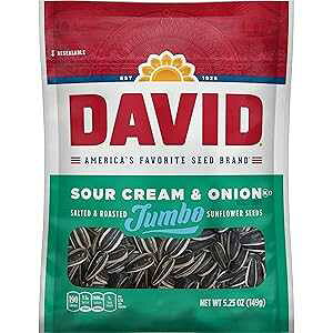 DAVID Seeds Sour Cream and Onion Flavored Salted and Roasted Jumbo Sunflower Seeds, Keto Friendly Snack, 5.25 OZ Bags, 12 Pack
