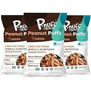 P-nuff Crunch Baked Peanut Puffs - Healthy Snacks, Gluten Free, Vegan, 20g Vegan Protein per Bag, Low FODMAP, Plant Based, Dairy Free, Gut-Friendly, as Seen on Shark Tank, 4oz Bag, Cocoa, Pack of 3