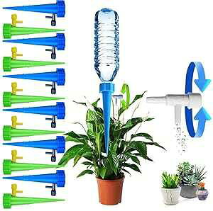 Massimiliano Incas Self Watering Spikes for Indoor Outdoor Plants - 12 Pack Plastic Bottle Garden Drip Irrigation System With Adjustable Control Valve - Automatic Watering Bulbs and Globes