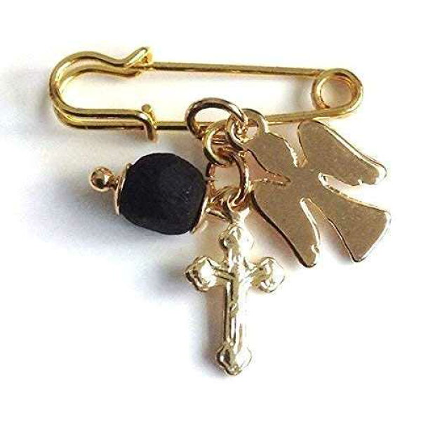 本物のアザバッシュ ガーディアンエンジェル クロスピンブローチ マル・デ・オホ SIFRIMANIA Azabache Baby Brooch Guardian Angel Cross Gold Plated Protection Pin