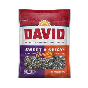 DAVID Roasted and Salted Sweet and Spicy Jumbo Sunflower Seeds, Keto Friendly, 5.25 oz, 12 Pack DAVID Roasted and Salted Sweet and Spicy Jumbo Sunflower Seeds, Keto Friendly, 5.25 oz, 12 Pack