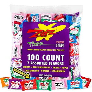 Zotz Fizzy Bulk Candy (Assorted, 100 Units)- Hard Candy Individually Wrapped- Assorted 7 Fruit Flavors, Cherry, Watermelon, Strawberry, Blue Raspberry, Apple, Orange & Grape- From Italy Since 1970 Zotz Fizzy Bulk C