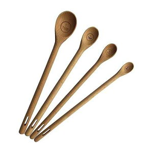 utensi のロングハンドル木製計量スプーン、乾燥材料および液体材料用の彫刻が施された正確なスプーン 4 個セット、ブナ材セット (9 インチハンドル) Long Handle Wooden Measuring Spoons by utensi, Set of