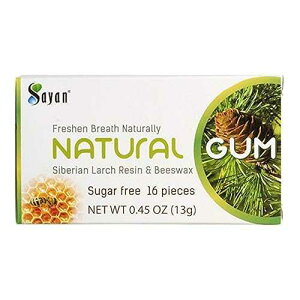 Sayan Sugar-Free All Natural Siberian Larch Tree Resin and Beeswax Chewing Gum ? 6 Packs (96 Pieces) for Fresh Breath ? Vegetarian, Non-GMO, Gluten Free, Aspartame Free, No Preservatives Sayan Sugar-Free All Natural