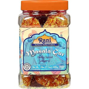 Rani Masala Gur (Jaggery) Indian Unrefined Raw Cane Sugar 17.5oz (1.1lbs) 500g PET Jar ~ Gluten Friendly Vegan NON-GMO Kosher No Salt or fillers Indian Product Rani Brand Authentic Indian Products Rani Masala Gur (J