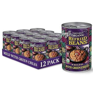 Amy's Organic Refried Beans Canned, Mild with Green Chiles, Vegan Gluten Free and Vegetarian, 15.4 Oz (12 Pack)