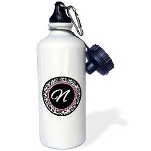 3dRose Letter N stylish monogrammed circle-girly personal initial personalized black damask with hot pink Sports Water Bottle, 21 oz, White