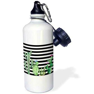 3dRose Black and White Stripes Watercolor Flowering Cactus Flip Straw 21oz Water Bottle