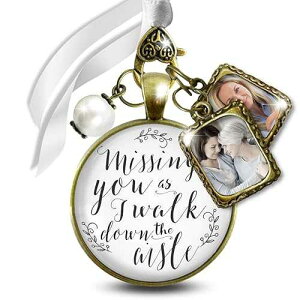 Gutsy Goodness Memorial Wedding Bouquet Charm Missing You As I Walk Down Aisle Vintage Bronze White Glass Pendant Jewelry White Bead 2 Picture Frames Loving Keepsake for Bride DIY Photo Template