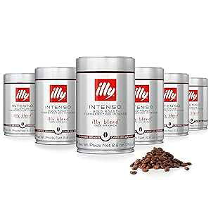 illy caffe Whole Bean Coffee - Perfectly Roasted Whole Coffee Beans Intenso Dark Roast - Warm Notes of Cocoa & Dried Fruit Full-Bodied - 100% Arabica Coffee - No Preservatives 8.8 Ounce, 6 Pack