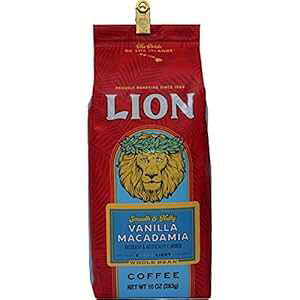 CIR[q[Aoj}J_~AACg[XgASA10IXobO Lion Coffee, Vanilla Macadamia Flavor, Light Roast, Whole Bean, 10 Ounce Bag