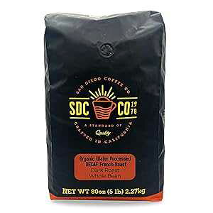 San Diego Coffee Organic French Roast DECAF, Dark Roast, Whole Bean Coffee, 5-Pound Bag Cafe en grano tostado descafeinado