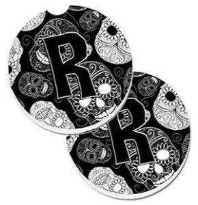 Caroline's Treasures CJ2008-RCARC Letter R Day of The Dead Skulls Black Set of 2 Cup Holder Car Coasters Absorbent Sandstone Coasters for Car Cup Holders Gifts for Men or Women, Large, Multicolor