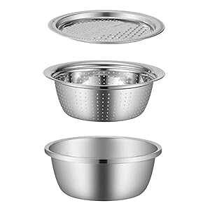 Cabilock 3pcs Vegetable Cutter Basket Slicer Set Kitchen Strainer Colander Stainless Steel Grater Fruit Drain Bowl Food Container for Home Use