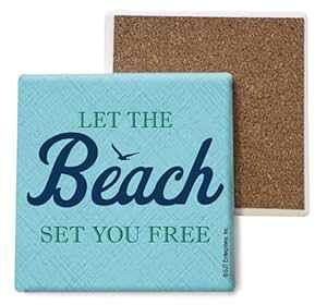 SJT ENTERPRISES, INC. Let The Beach Set You Free Absorbent Stone Costers Absorbent Stone Coasters - Cork-Backed Coasters for Drinks - Beach Kitchen Decor - 4 x 4 inches - Set of 4 (SJT04920)