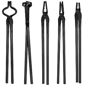 Yoursme Blacksmith Tongs Tools Set Forging Tongs For Knife Making Tongs, Blacksmithing Forge Tongs Kit 5PCS - Flat Tongs & Square Jaw Tongs & Bolt Tongs & Blade Tongs & Wolf Jaw tongs Black Smith Supplies