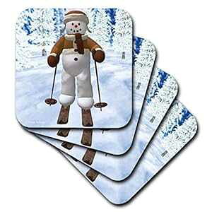 3dRose CST_30538_3 Skiing Snowman-Ceramic Tile Coasters, Set of 4