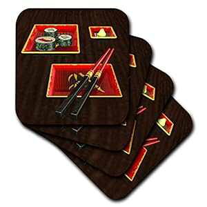 3dRose cst_58830_2 ibhv[gƔ - \tgR[X^[A8 Zbg 3dRose cst_58830_2 Sushi Red Plates and Chopsticks-Soft Coasters, Set of 8