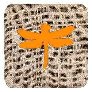 Caroline's Treasures Dragonfly Burlap and Orange Foam Coasters (Set of 4), 3.5" H x 3.5" W, Multicolor