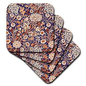 3dRose CST_219028_1 EBA X `[EF `c p^[ u[ƃIW̃\tg R[X^[ (4 Zbg) 3dRose CST_219028_1 William Morris Cherwell Chintz Pattern in Blue and Orange Soft Coasters (Set o