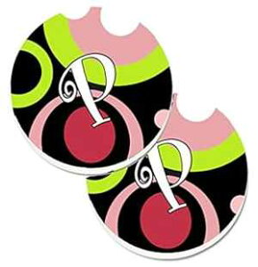 Caroline's Treasures AM1002-PCARC Letter P Monogram - Retro in Black Set of 2 Cup Holder Car Coasters, Large, multicolor