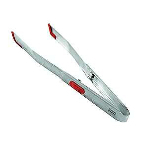 Kuhn Rikon Soft Stainless Steel SoftEdge Tweezer Tongs with Silicone Edge, Red, Locking