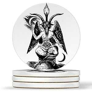 AK Wall Art Baphomet Lucifer Goat Design - Round Coasters, Natural Sandstone - Set of 4