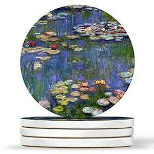 AK EH[A[g @ N[hEl fUC - EhR[X^[AVR - 4 Zbg AK Wall Art Water Lilies Claude Monet Design - Round Coasters, Natural Sandstone - Set of 4