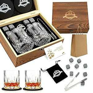 EXREIZST Whiskey Stones Gift Set - Whiskey Glass Set of 2 - Granite Chilling Whiskey Rocks - Scotch Bourbon Gifts for Men -Valentine's Day Birthday Gifts for Men Dad Him Husband Drinking Gift for Holiday