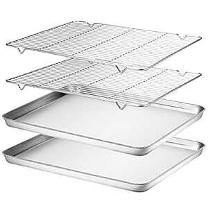 Wildone Baking Sheet & Rack Set [2 Sheets + 2 Racks], Stainless Steel Cookie Pan with Cooling Rack, Size 16 x 12 x 1 Inch, Non Toxic & Heavy Duty & Easy Clean