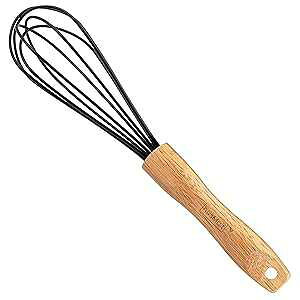 husMait 10" Silicone Whisk with Wood Handle - Black Whisk head with Wood Handle - Whisk for Pancake Batter, Eggs and Egg Whites, Cake Mix, Blending, Gravy and Sauces