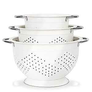 Hillbond Colander Set of 3, 1.5, 3, 5 QT Powder Coated Metal Strainers with Riveted Stainless Steel Handles and Stable Base, Strainers and Colanders, White