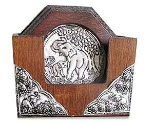 ̃]ER[X^[Zbg z_[t - ؐR[X^[ 6Zbg hNp - p`R[X^[ - 4C` Land of Simple Treasures Handmade Elephant Coaster Set with Holder - Wooden Coaster Set of 6 for Dri