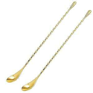 DIFENLUN 12 Inches Mixing Spoon Stainless Steel, 2 Pack Spiral Pattern Bar Spoon for Cocktail Shaker Tall Cups(Gold)