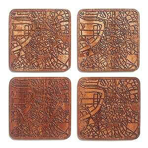 Ag[v }bv R[X^[A4 ZbgAsn}tTyؐR[X^[AssIvVA O3 Design Studio Antwerp Map Coaster, Set of 4, Sapele Wooden Coaster with city map, Multiple city op