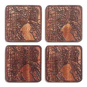 t_BWN\rn}R[X^[A4 ZbgAsn}tTyؐR[X^[AssIvVA O3 Design Studio Jacksonville, FL Map Coaster, Set of 4, Sapele Wooden Coaster with city