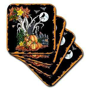 3dRose CST_13069_1 L̃nEB[̖AsCȖ؁AAREƃWbNEI[E^̃\tgR[X^[A4Zbg 3dRose CST_13069_1 Halloween Night with a Black Cat, Creepy Tree, Full Moon, Ba