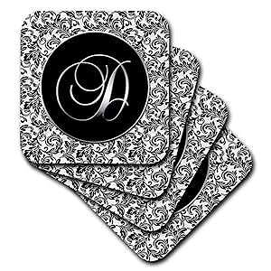 3dRose CST_38753_3  D-Ɣ̃_}XND-Z~bN ^C R[X^[A4 Zbg 3dRose CST_38753_3 Letter D-Black and White Damask-Ceramic Tile Coasters, Set of 4