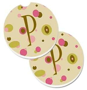 Caroline's Treasures CJ1004-PCARC Letter P Initial Monogram - Tan Dots Set of 2 Cup Holder Car Coasters Absorbent Sandstone Coasters for Car Cup Holders Gifts for Men or Women, Large, Multicolor