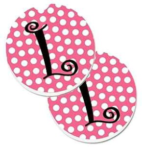 Caroline's Treasures CJ1001-LCARC レター L モノグラム - ピンク ブラック 水玉模様 カップ ホルダー 車用コースター 2 個セット、L、マルチカラー Caroline's Treasures CJ1001-LCARC Letter L Monogram - Pink Black Polka