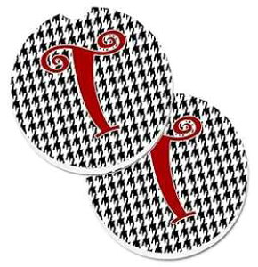 Caroline's Treasures CJ1035-TCARC Letter T Initial Monogram - Houndstooth Black Set of 2 Cup Holder Car Coasters Absorbent Sandstone Coasters for Car Cup Holders Gifts for Men or Women, Large, Multico