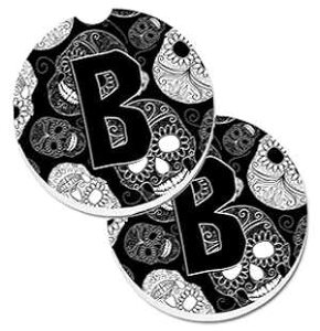Caroline's Treasures CJ2008-BCARC Letter B Day of The Dead Skulls Black Set of 2 Cup Holder Car Coasters Absorbent Sandstone Coasters for Car Cup Holders Gifts for Men or Women, Large, Multicolor