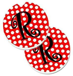 Caroline's Treasures CJ1012-RCARC Letter R Initial - Red Black Polka Dots Set of 2 Cup Holder Car Coasters Absorbent Sandstone Coasters for Car Cup Holders Gifts for Men or Women, Large, Multicolor