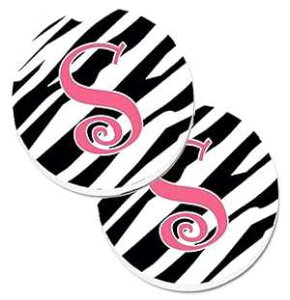 Caroline's Treasures CJ1037-SCARC Letter S Initial Zebra Stripe and Pink Set of 2 Cup Holder Car Coasters Absorbent Sandstone Coasters for Car Cup Holders Gifts for Men or Women, Large, Multicolor