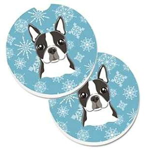 Caroline's Treasures BB1637CARC Snowflake Boston Terrier Set of 2 Cup Holder Car Coasters Absorbent Sandstone Coasters for Car Cup Holders Gifts for Men or Women, Large, Multicolor