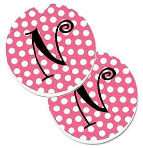 Caroline's Treasures Letter N Monogram - Pink black Polka Dots Set of 2 Cup Holder Car Coasters , 2.56, Multicolor