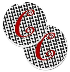 Caroline's Treasures CJ1035-CCARC Letter C Initial Monogram - Houndstooth Black Set of 2 Cup Holder Car Coasters Absorbent Sandstone Coasters for Car Cup Holders Gifts for Men or Women, Large, Multico